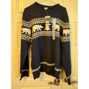 Lands End Mens Polar Bear Sweater Winter Knit Pullover Navy Blue Heavy Large